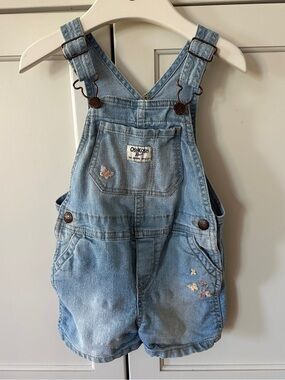 Osh Kosh B'gosh Vestbak 3T Overall Shorts Shortalls Denim Embroidered Floral